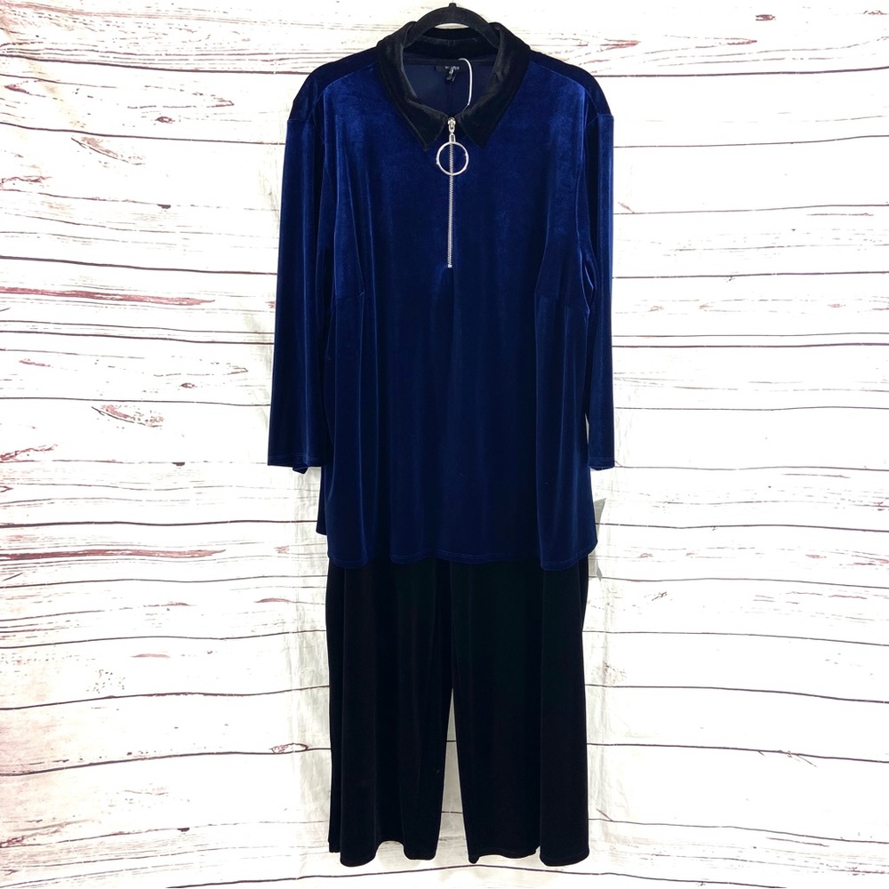 MSK 2PC Pant Suit Women’s 3X Navy /Black Top 3/4 Zip Velour Long Sleeves